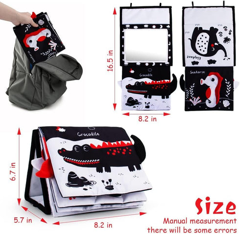 Tummy Time Mirror, Baby Tummy Time Toys with Soft Book, Black and White High Contrast Baby Toys, 3D Activity Sensory Montessori Toys Crawling Mat...